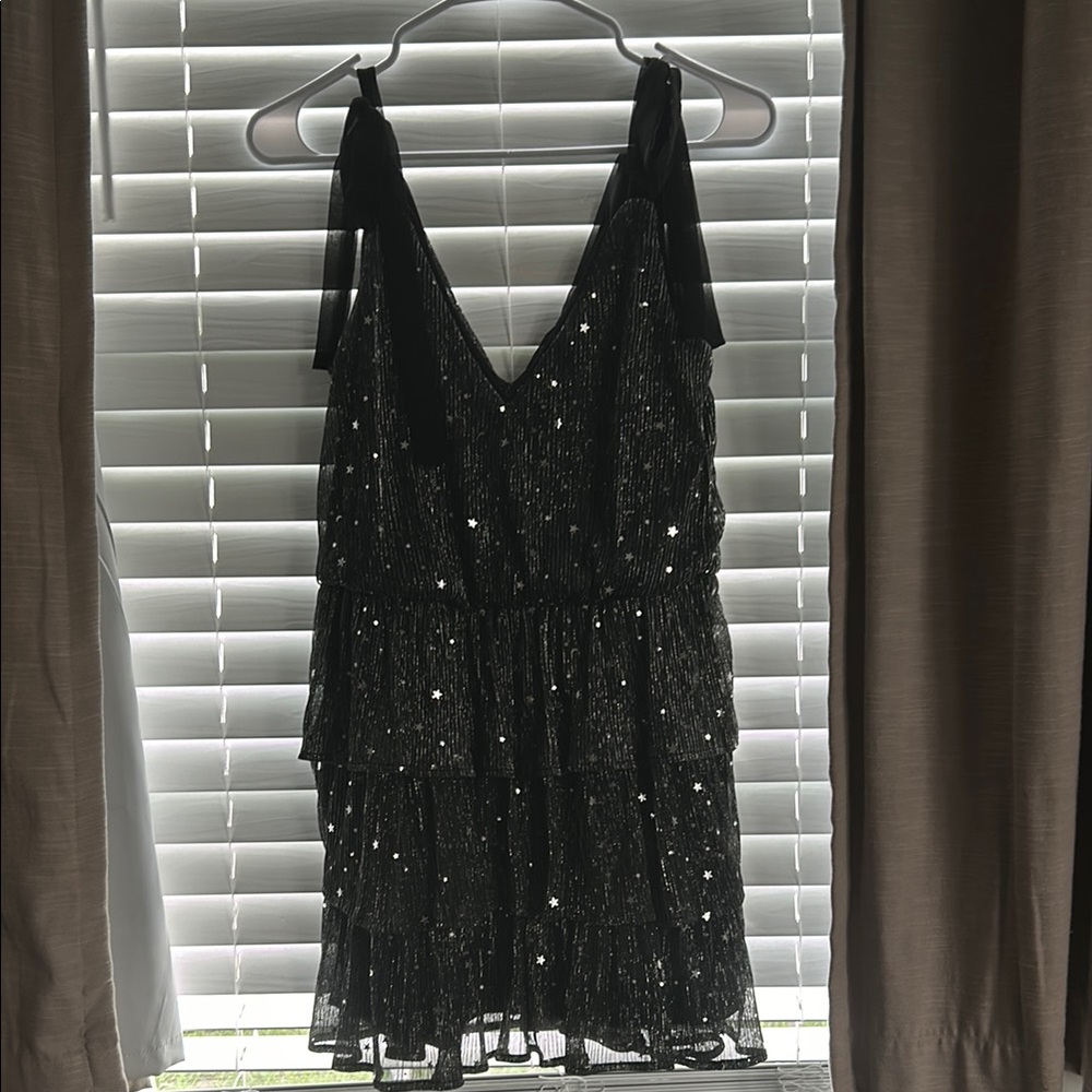 Lulu's Black and Silver Metallic Star Tiered Ruffle Mini Dress